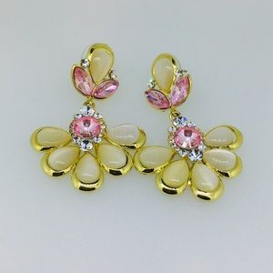 Pink Rhinestone Dangle Gold Tone Earrings